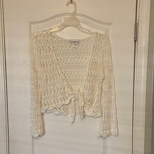 Cream Crochet Tie-Front Cardigan Sweater